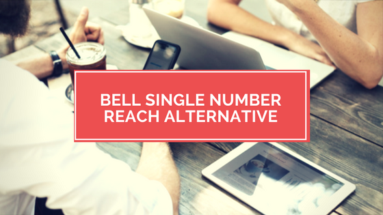 Photo of businessman dialing virtual phone number phone systems with white text on a red background "Bell single number reach alternative"